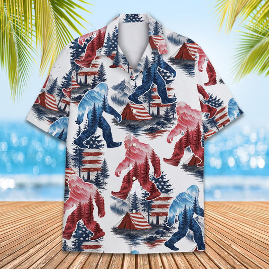 Patriotic Bigfoot Hawaiian shirt featuring flag and tree motifs on white background