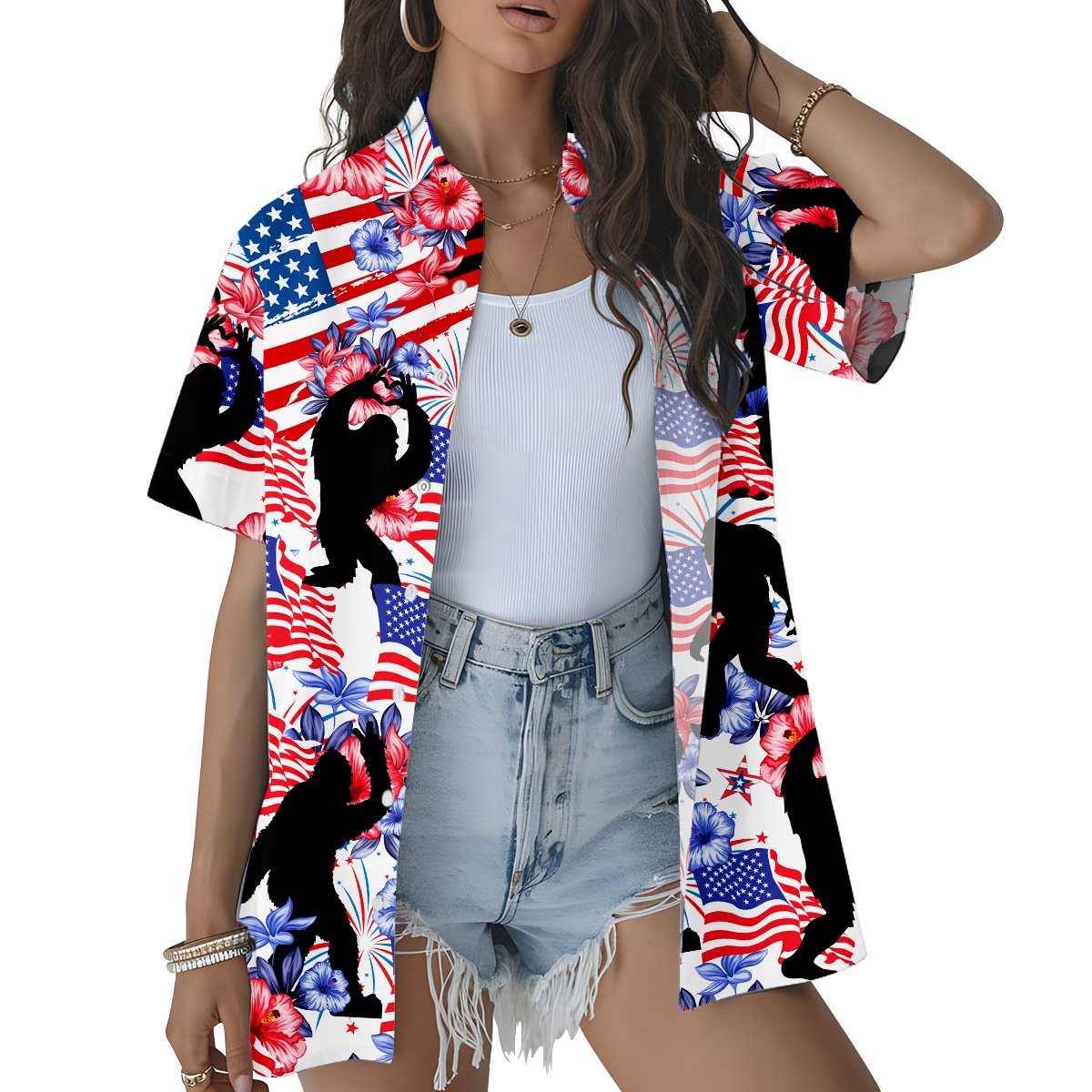 Family celebrating in their fourth of july bigfoot hawaiian shirts