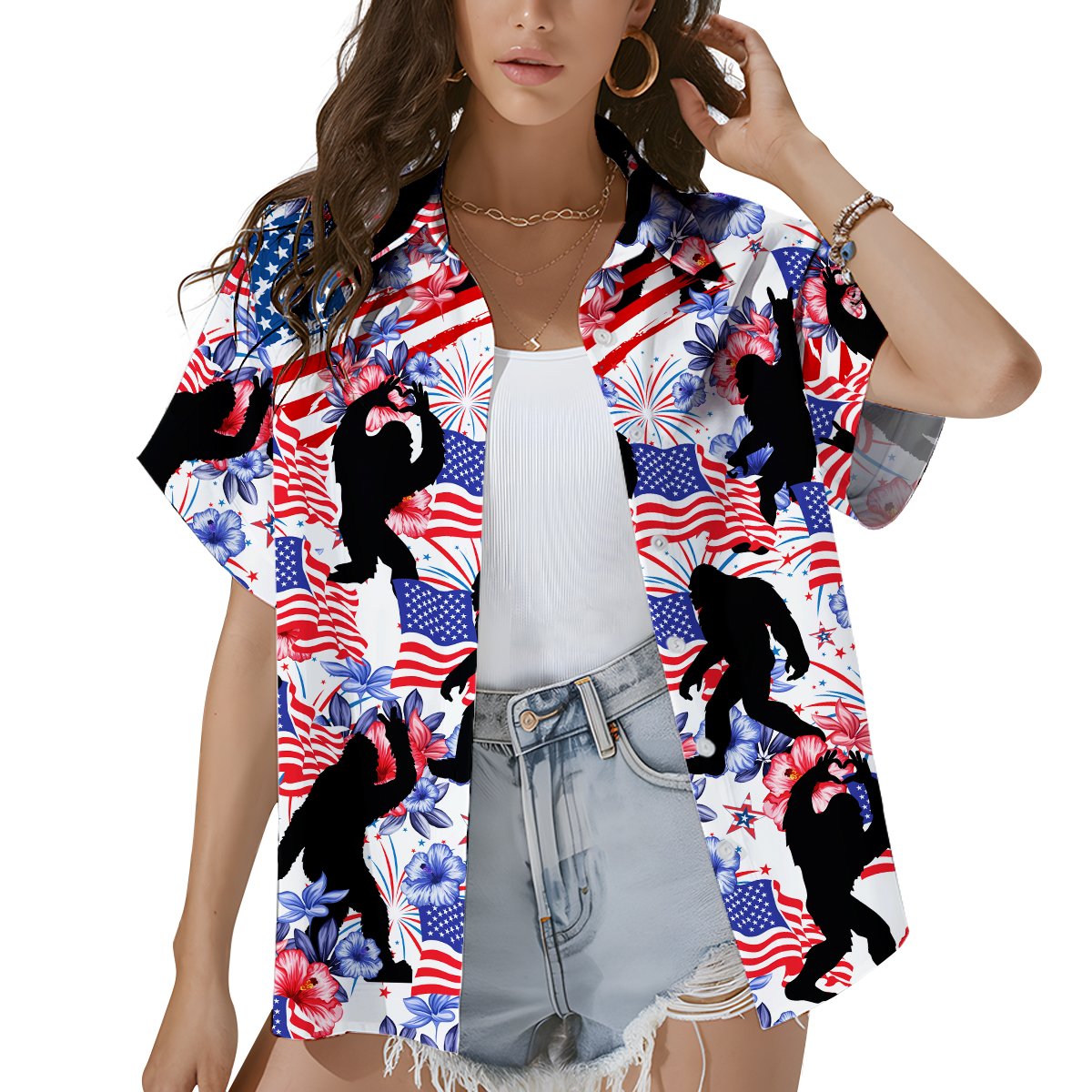 Person wearing the matching family patriotic bigfoot hawaiian shirt outdoors