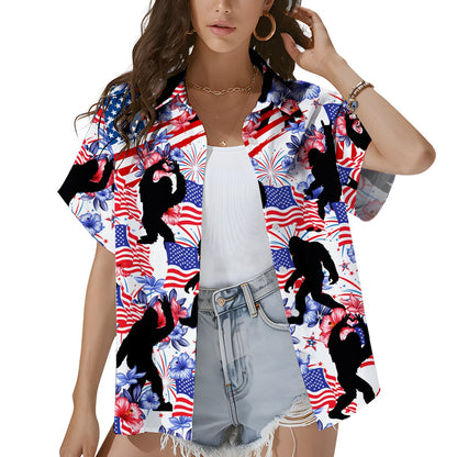 Person wearing the matching family patriotic bigfoot hawaiian shirt outdoors