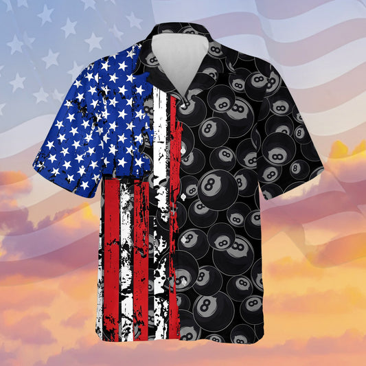 Patriotic billiards hawaiian shirt with split flag and 8-ball design, main view