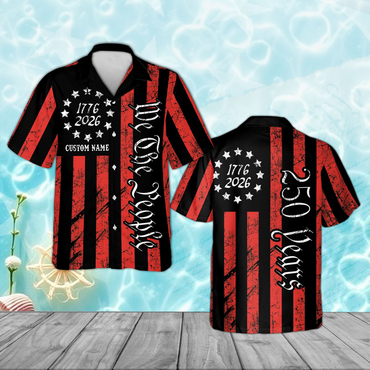 Patriotic hawaiian shirt featuring a distressed flag design and custom name, main view in black