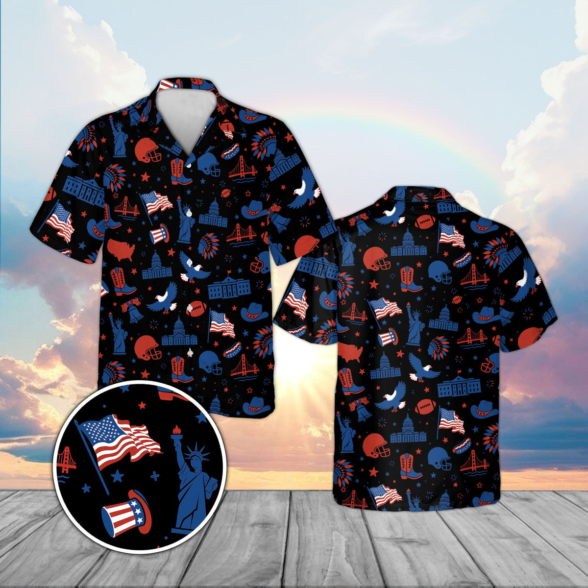 Patriotic hawaiian shirt in black featuring American flag and eagle design, front view