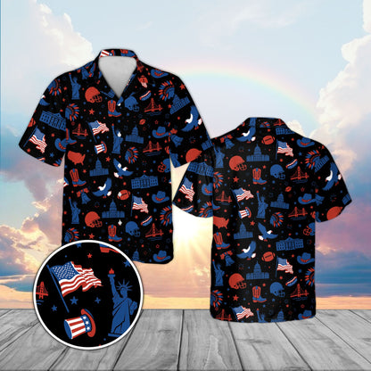 Patriotic hawaiian shirt in black featuring American flag and eagle design, front view