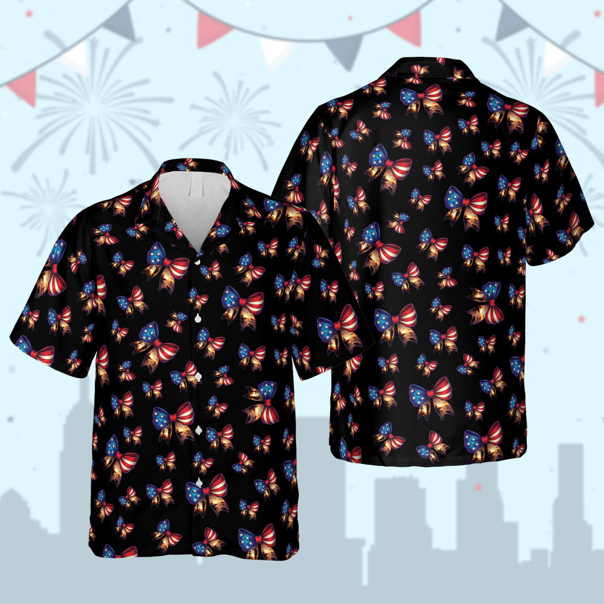 Black matching family hawaiian shirt with patriotic stars and stripes bows