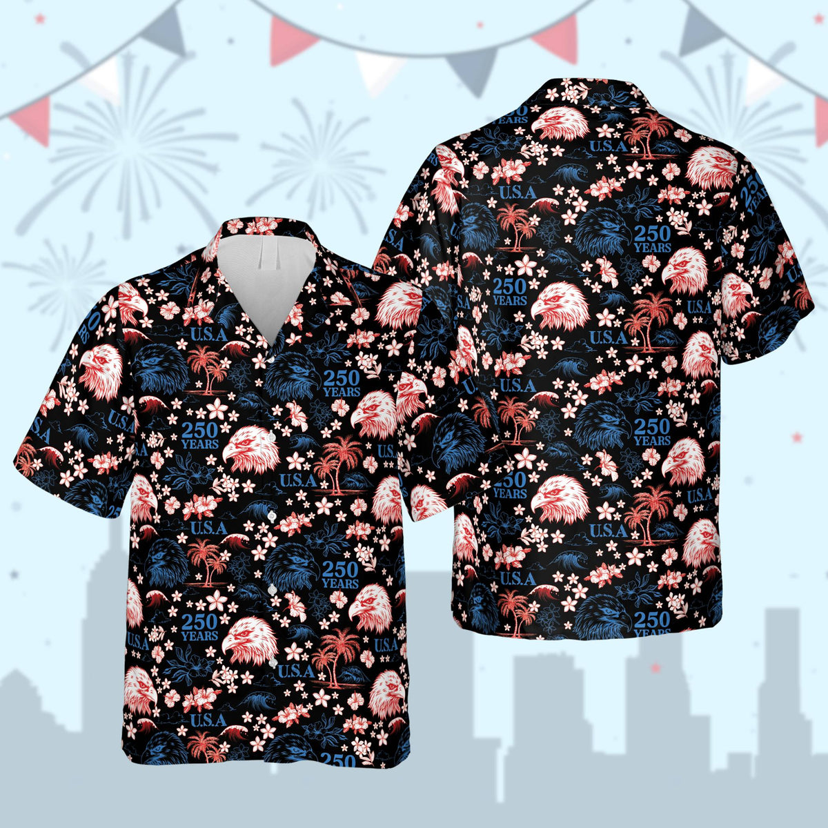 Patriotic hawaiian shirt with bald eagles on a black background, front view