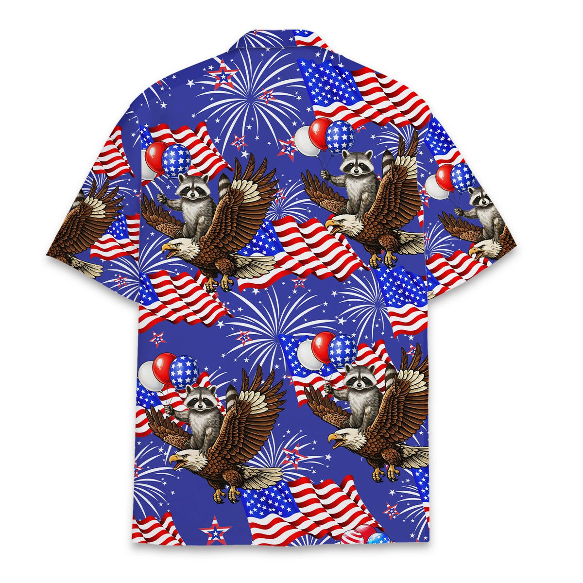 Back view of the blue patriotic Hawaiian shirt with flags and fireworks