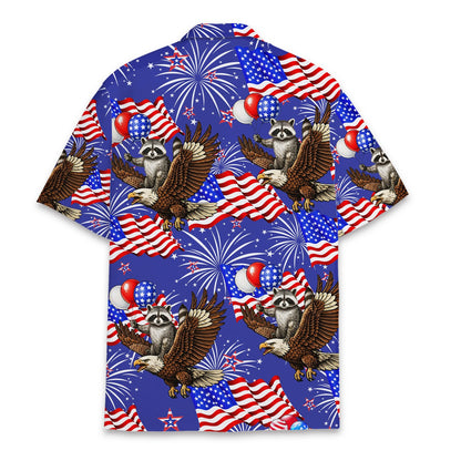 Back view of the blue patriotic Hawaiian shirt with flags and fireworks