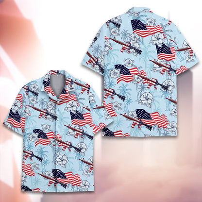 Close-up front view of the light blue patriotic hawaiian shirt