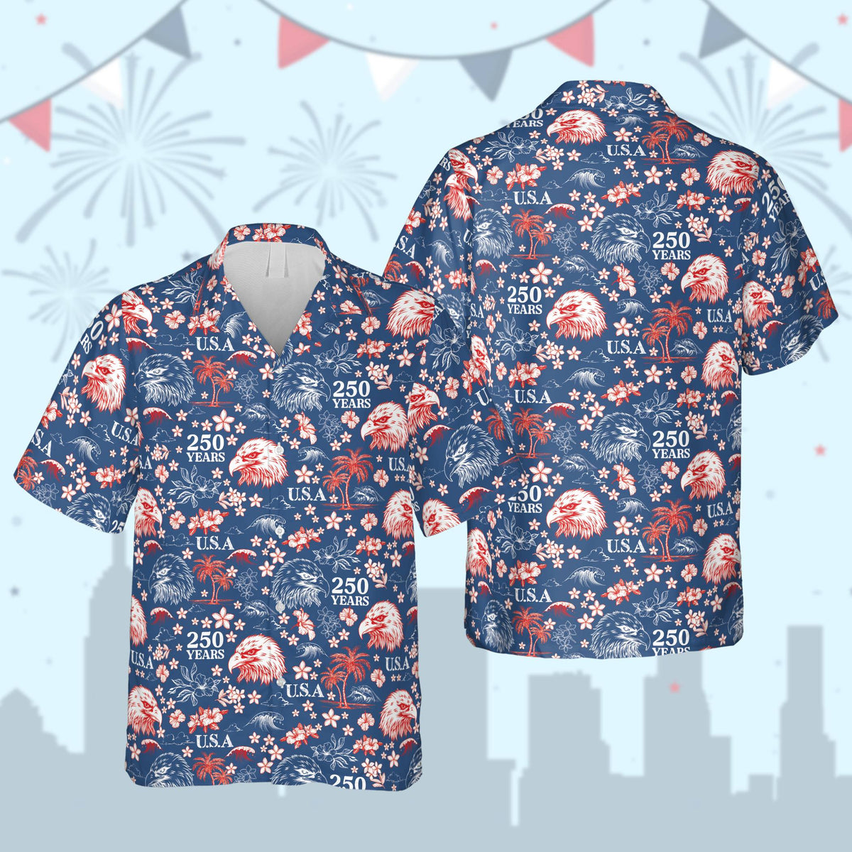 Patriotic hawaiian shirt with bald eagles and palm trees on a blue background, front view