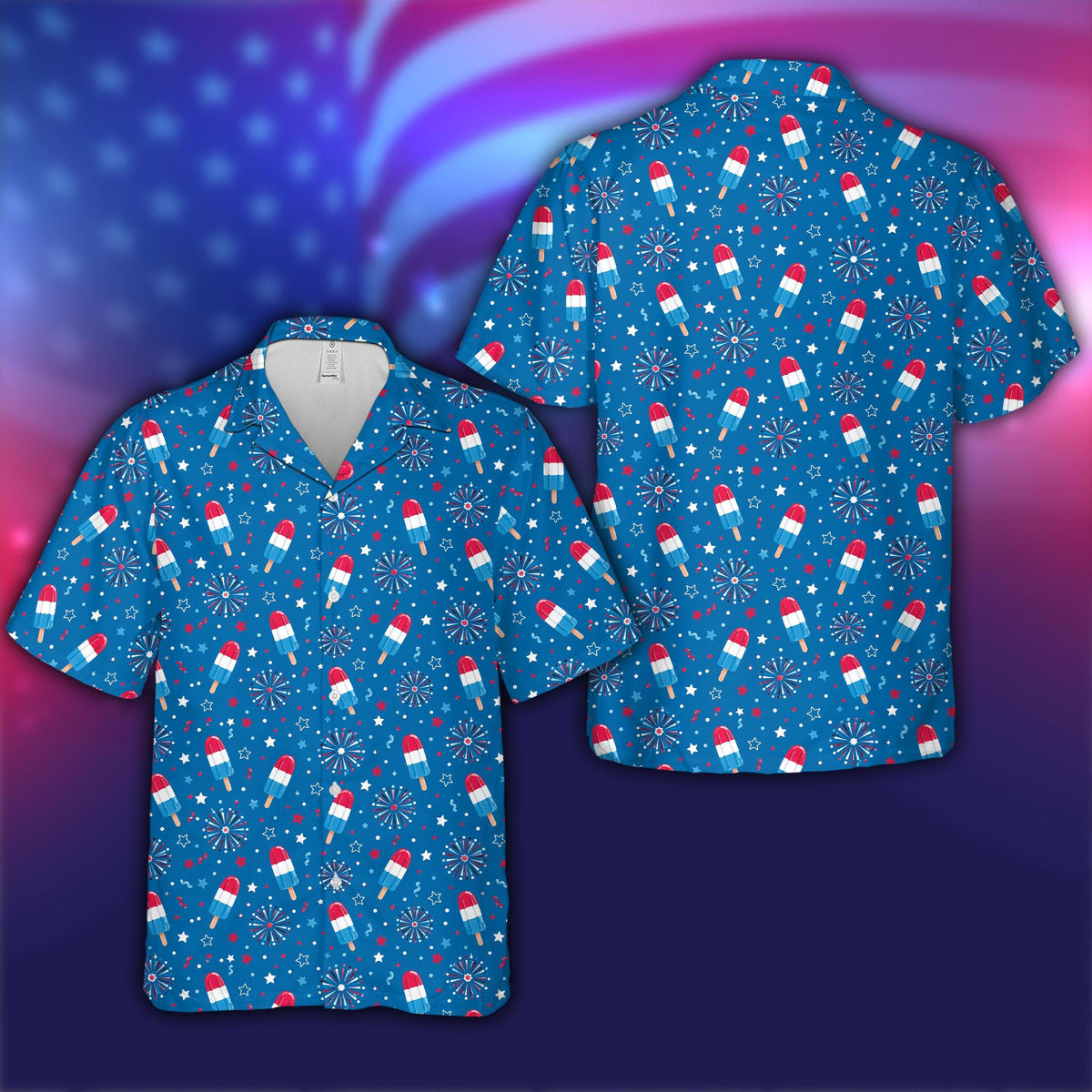 Front view of the blue patriotic Hawaiian shirt featuring a festive stars and popsicles pattern