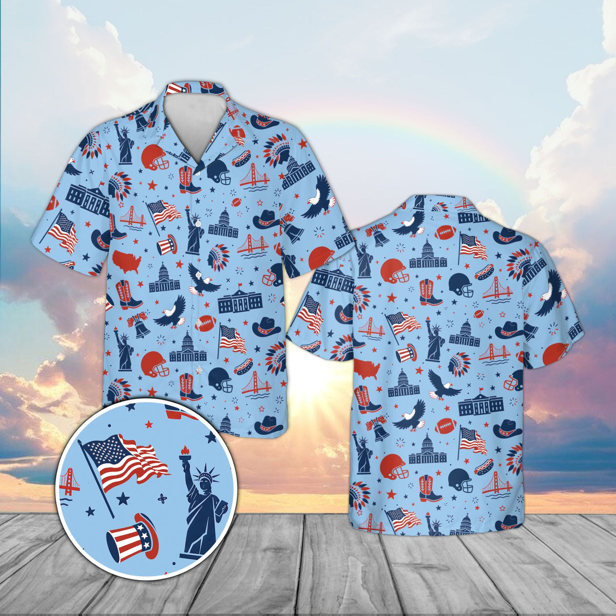 Blue family hawaiian shirt with patriotic red, white, and blue theme, front view