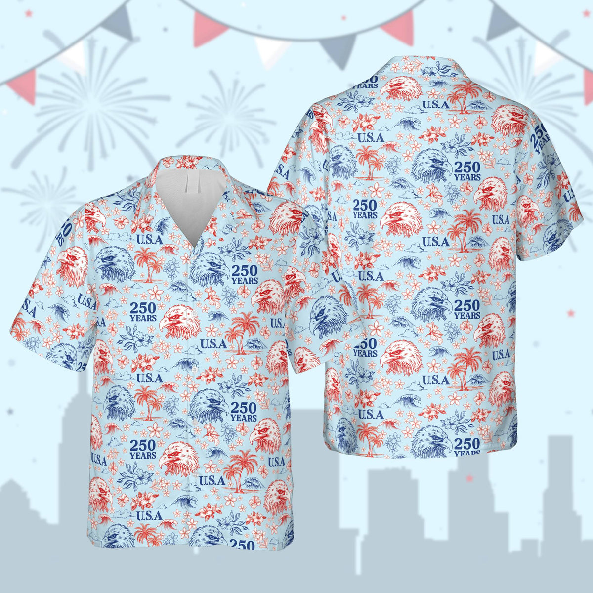 Patriotic hawaiian shirt with bald eagles on a light blue background, front view