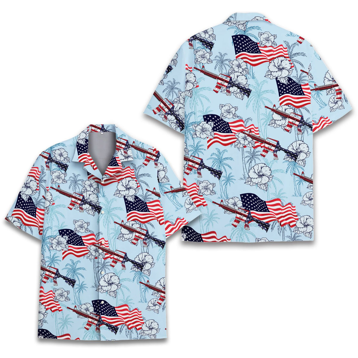 Front of light blue matching family hawaiian shirt with flag and tropical print