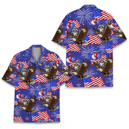 Patriotic Hawaiian shirt featuring a raccoon riding an eagle with fireworks on a blue background