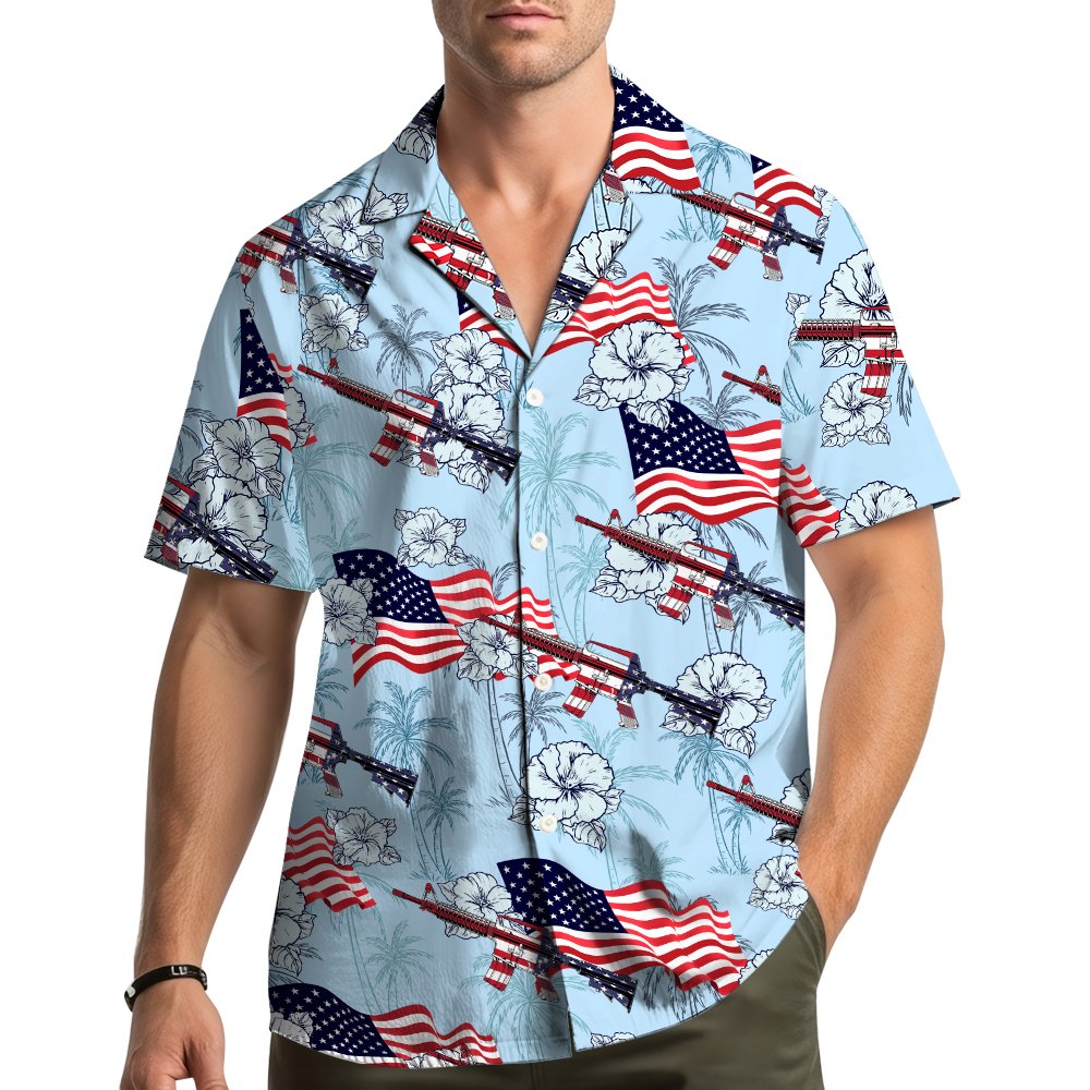 Second lifestyle view of the light blue matching family hawaiian shirt