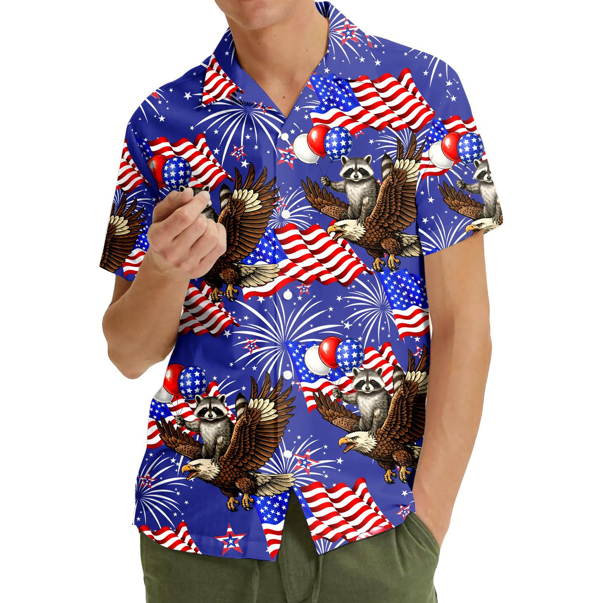 Second lifestyle view showing the matching family Hawaiian shirt in a Fourth of July setting