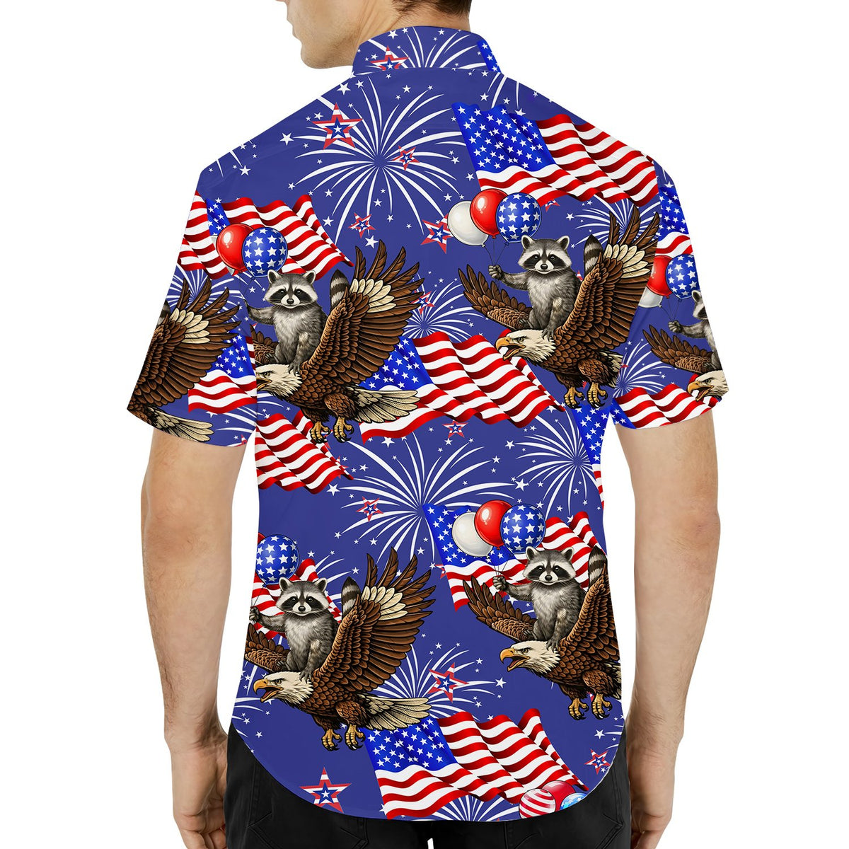 Third lifestyle view highlighting the vibrant red, white, and blue design of the Hawaiian shirt