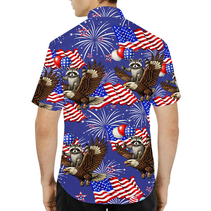 Third lifestyle view highlighting the vibrant red, white, and blue design of the Hawaiian shirt