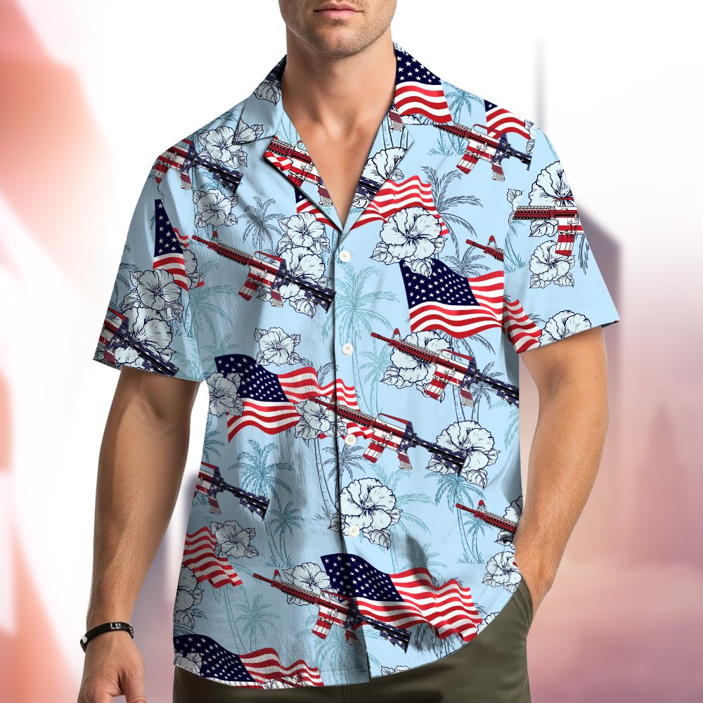 Lifestyle view of someone wearing the patriotic hawaiian shirt