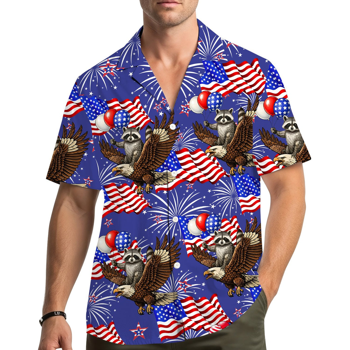 Lifestyle view of a person wearing the patriotic Hawaiian shirt outdoors