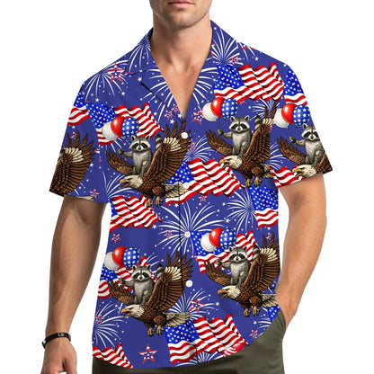 Lifestyle view of a person wearing the patriotic Hawaiian shirt outdoors