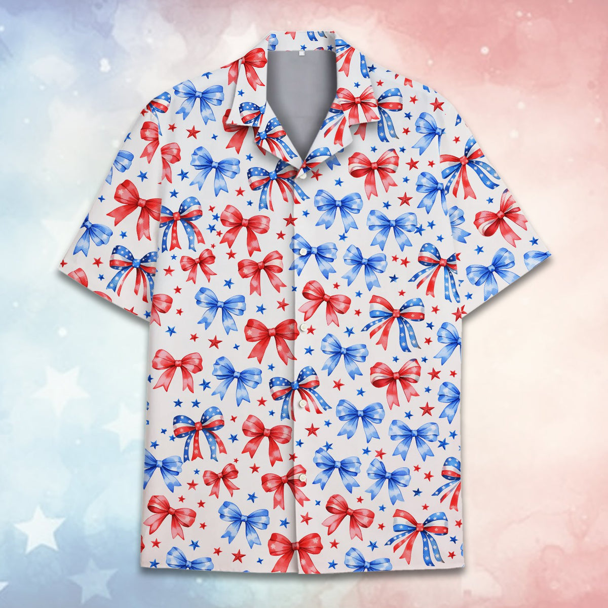 Close up front view of the patriotic bows hawaiian shirt