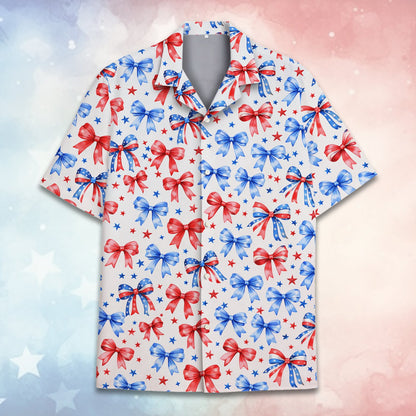 Close up front view of the patriotic bows hawaiian shirt