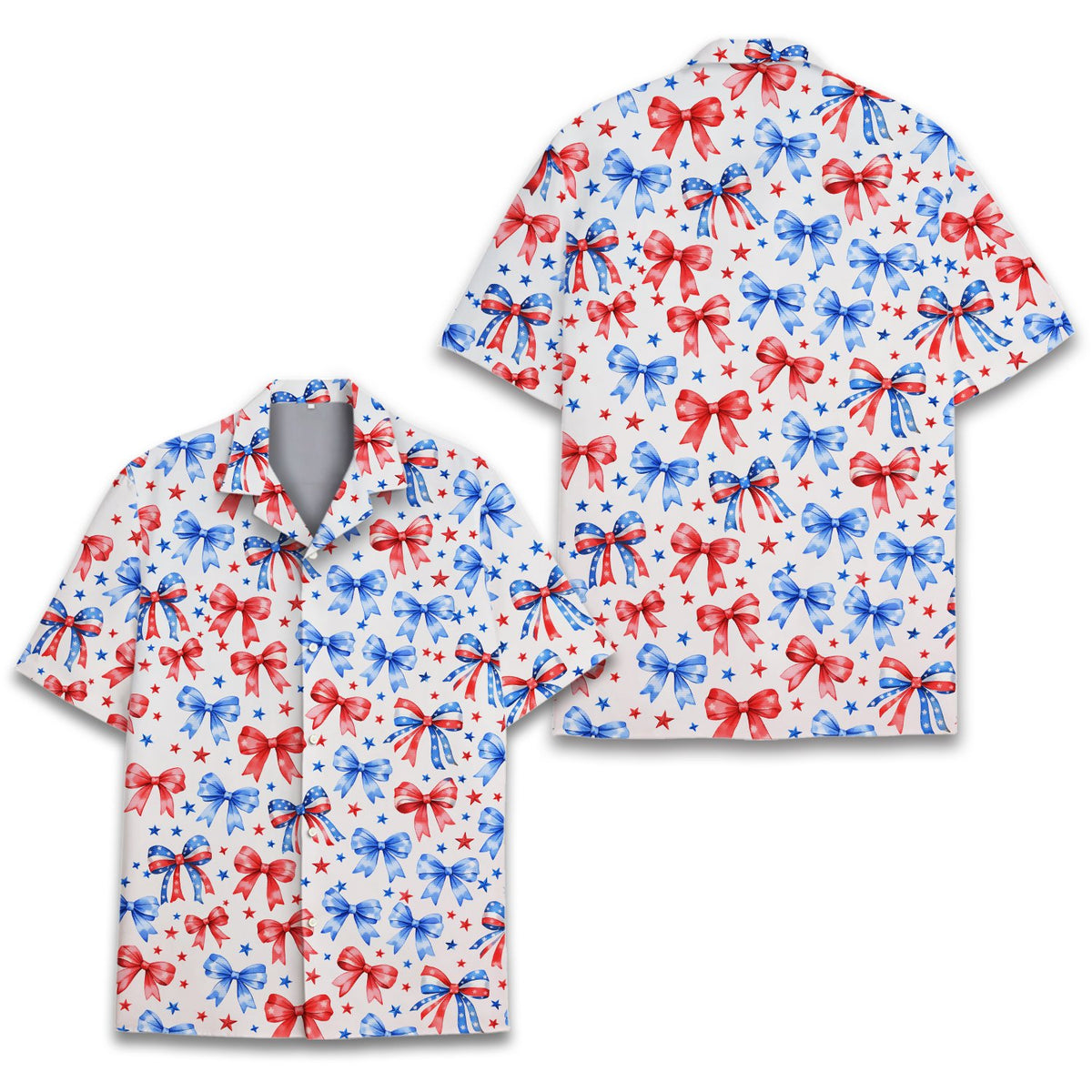 Front view of the patriotic bows hawaiian shirt