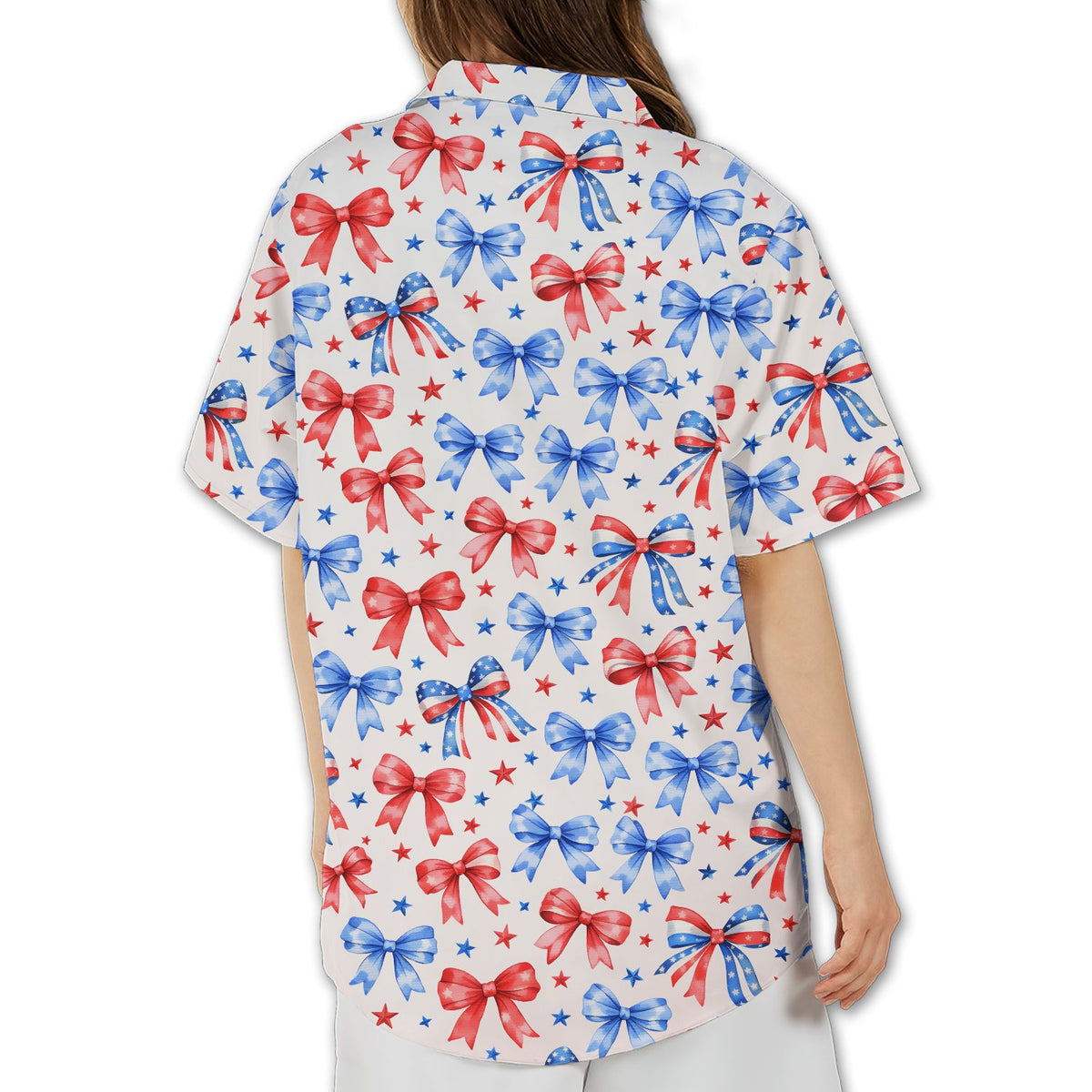 Back view of the matching family hawaiian shirt featuring red and blue bows