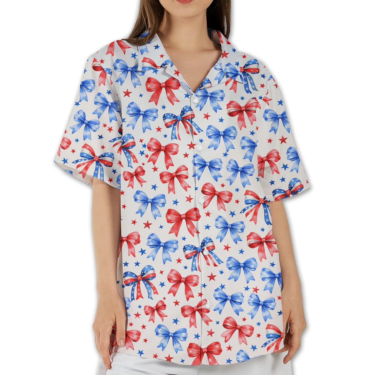 Front view of the patriotic bows hawaiian shirt on a white background