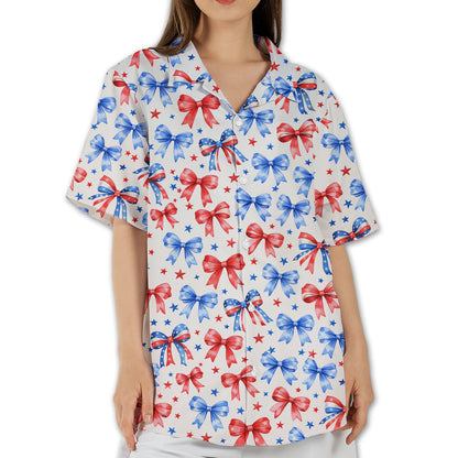 Front view of the patriotic bows hawaiian shirt on a white background