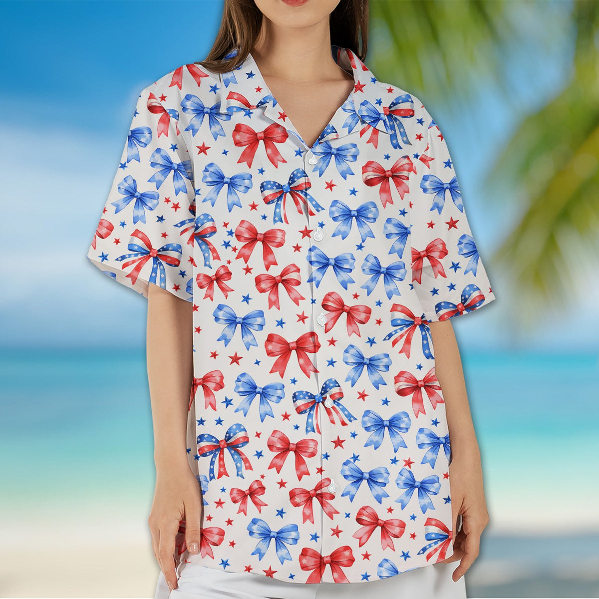 Another lifestyle view of the fourth of july hawaiian shirt