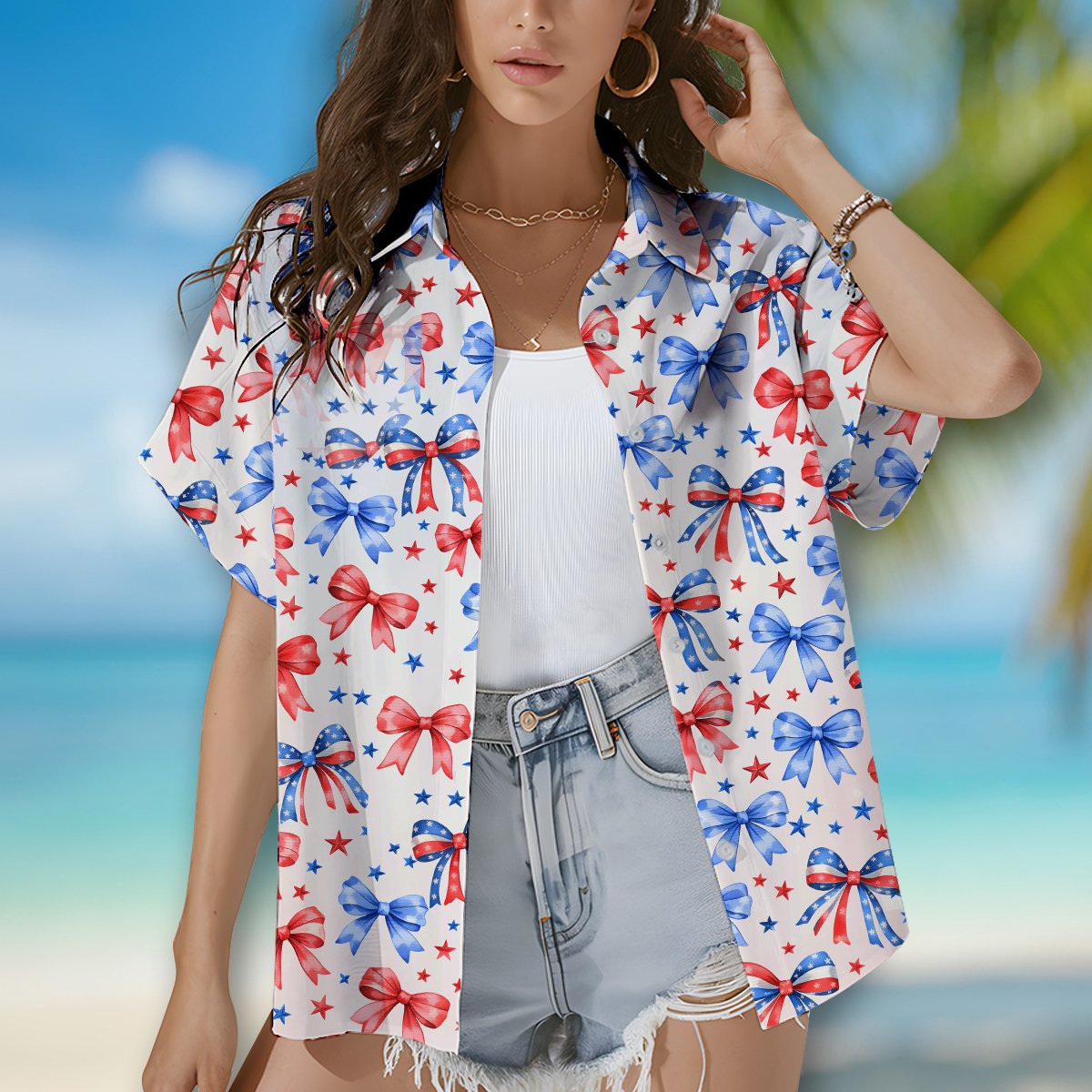 Close-up lifestyle view of the patriotic hawaiian shirt with stars and stripes motifs