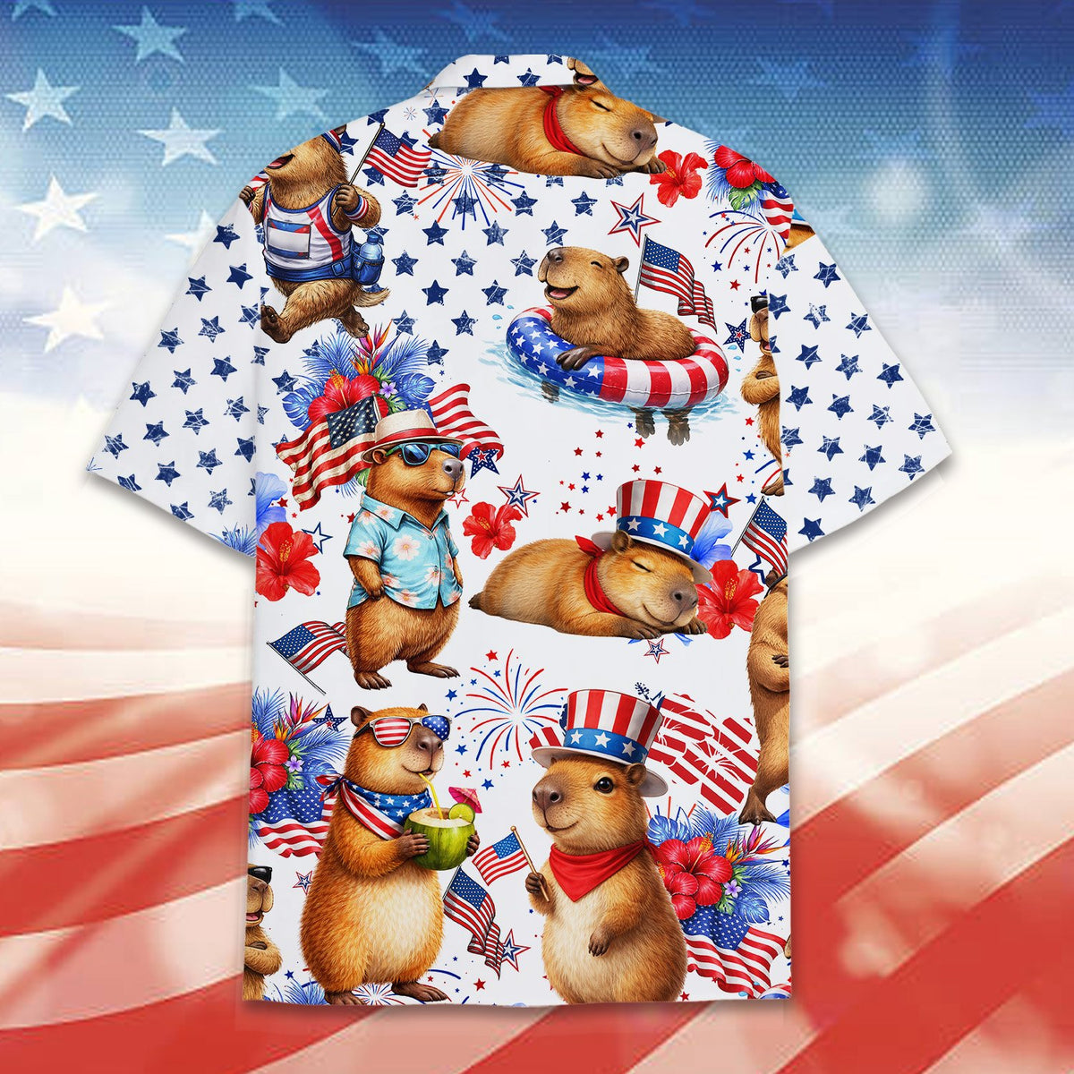 Patriotic capybara Hawaiian shirt back view