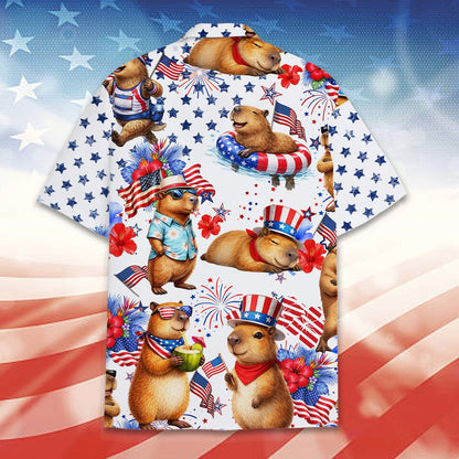 Patriotic capybara Hawaiian shirt back view