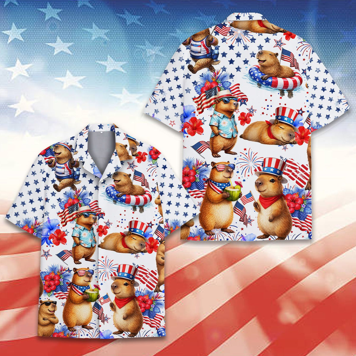 Patriotic capybara Hawaiian shirt front view detail 1