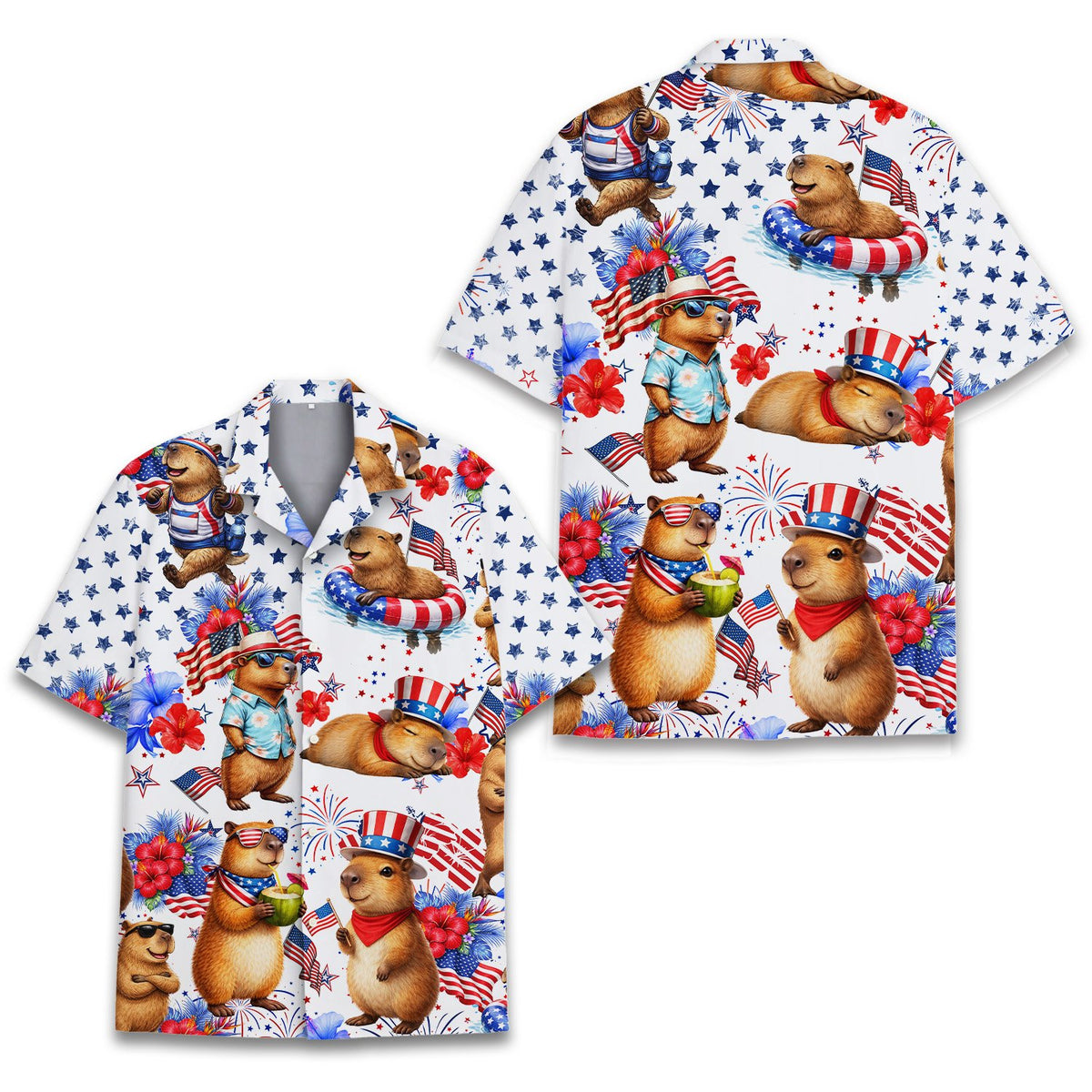Patriotic capybara Hawaiian shirt front view detail 2