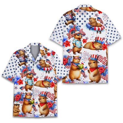 Patriotic capybara Hawaiian shirt front view detail 2