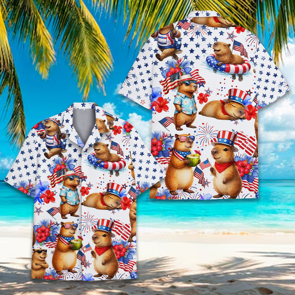 Patriotic capybara Hawaiian shirt front view detail 3