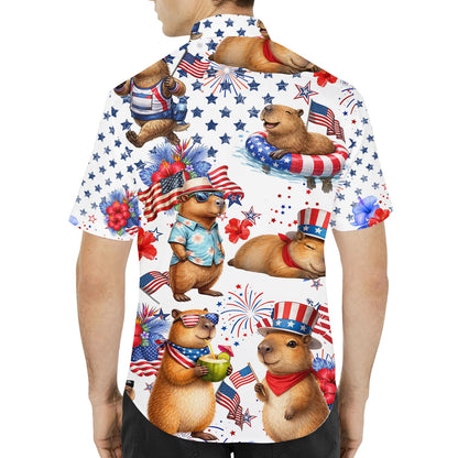 Lifestyle view of matching family Hawaiian shirts with capybara print