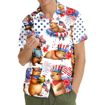 Outdoor lifestyle shot of the patriotic capybara Hawaiian shirt