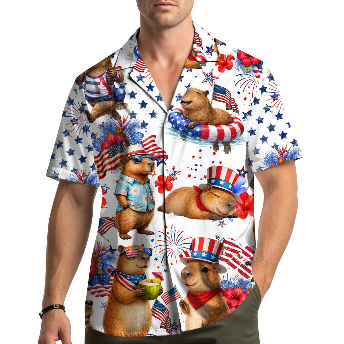 Family wearing matching patriotic capybara Hawaiian shirts
