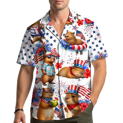 Family wearing matching patriotic capybara Hawaiian shirts