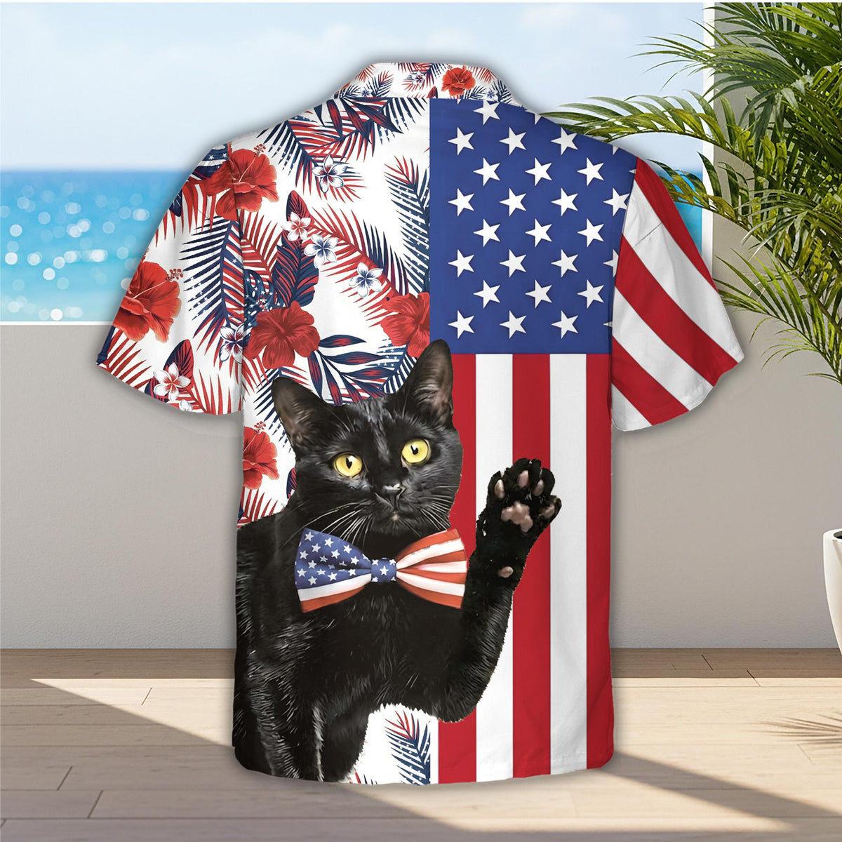 Back view of the matching family hawaiian shirt showing the black cat with an American flag bow tie
