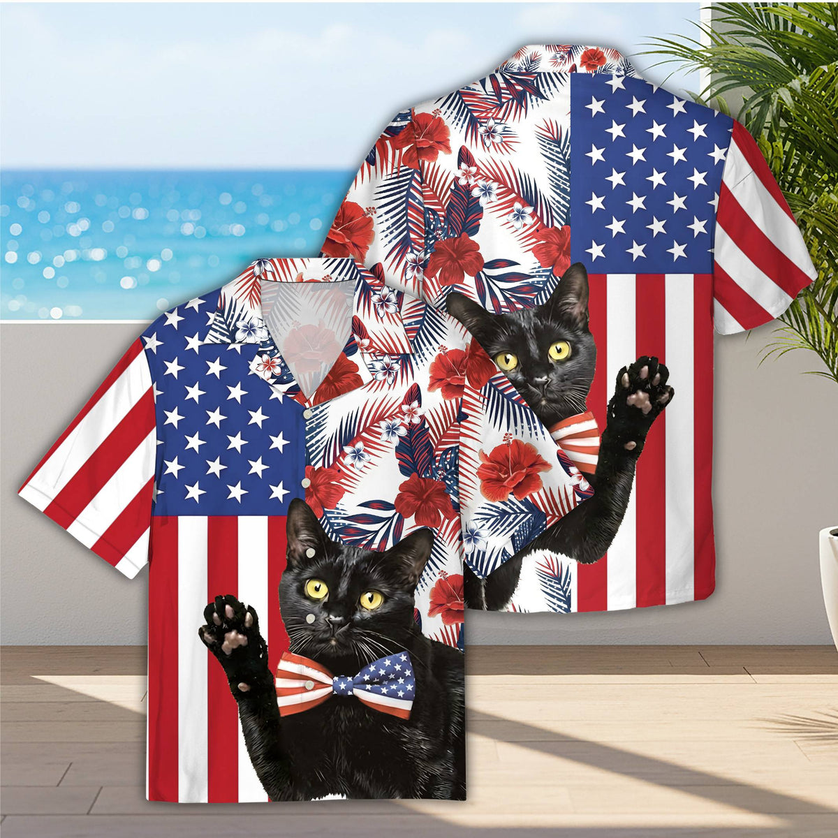 Main view of the matching family hawaiian shirt featuring an American flag motif and a black cat graphic