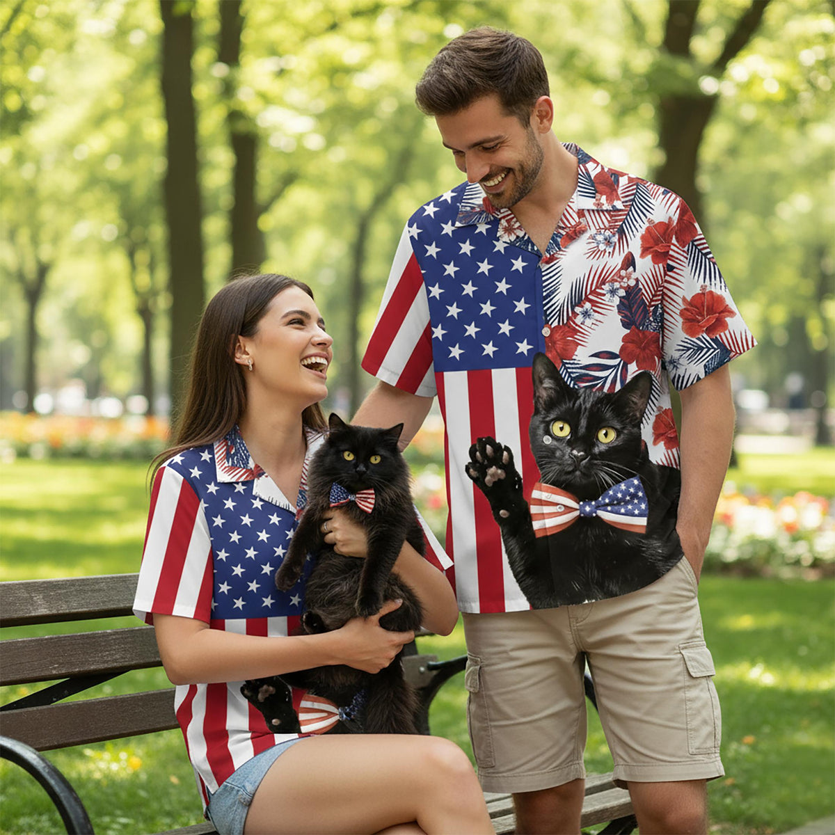 Second lifestyle view showing the matching family hawaiian shirts in a festive setting