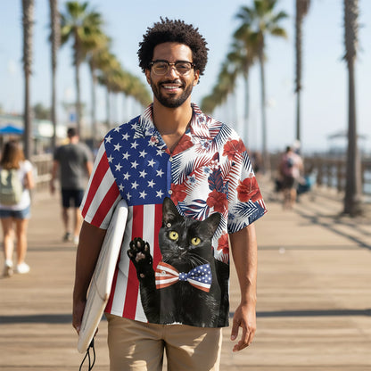 Third lifestyle view highlighting the vibrant red, white, and blue colors of the holiday hawaiian shirt