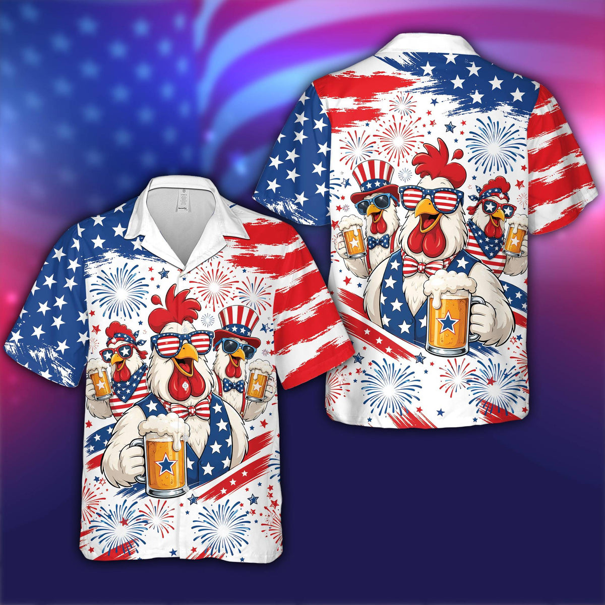 Front view of the matching family hawaiian shirt with cartoon chickens and fireworks