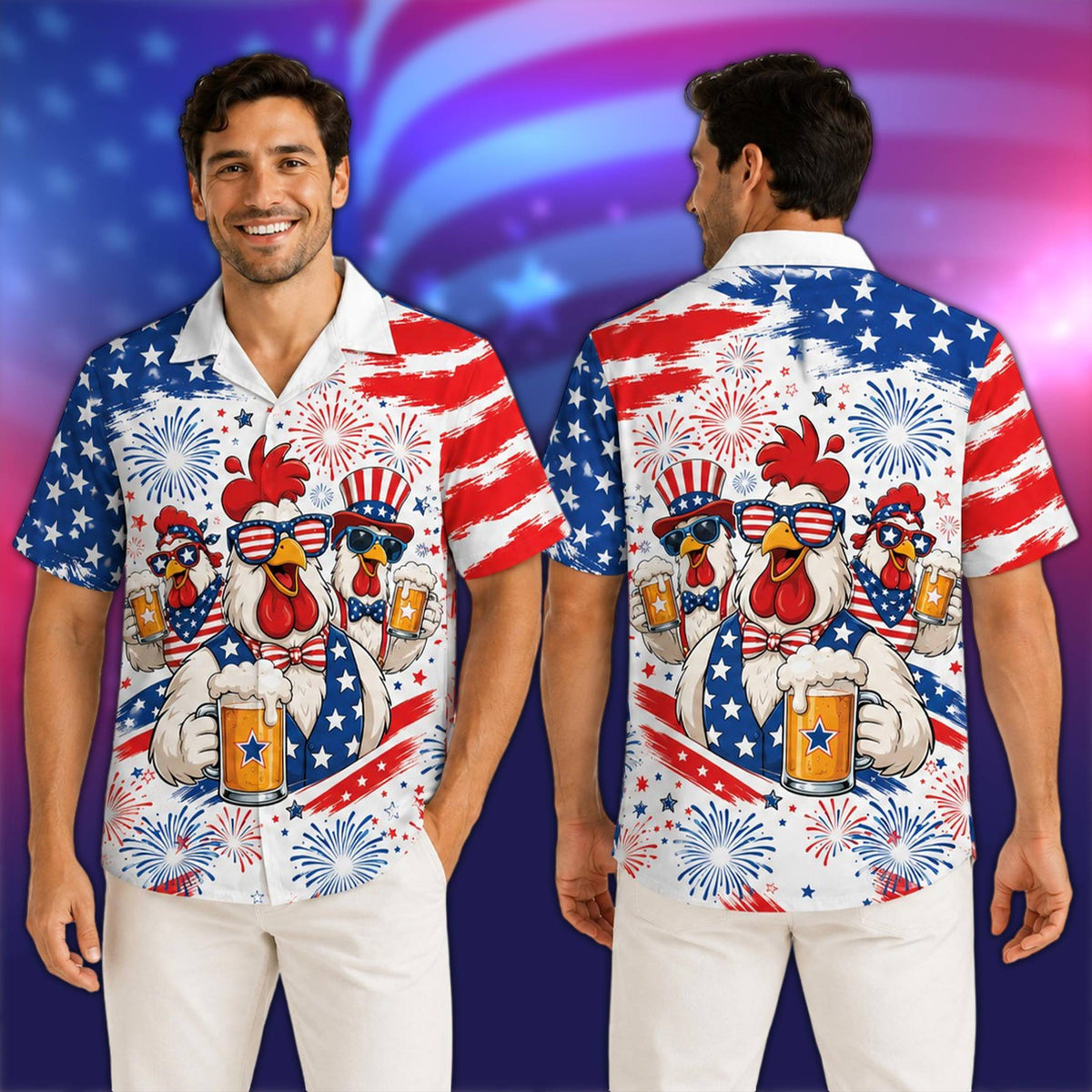 Lifestyle view of the patriotic holiday hawaiian shirt being worn